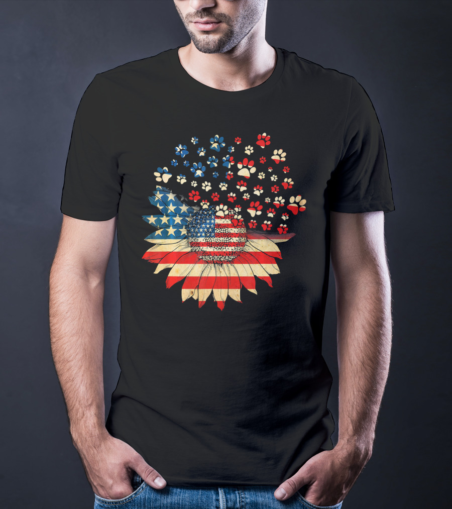 American Flag Sunflower With Dog Paw T-Shirt