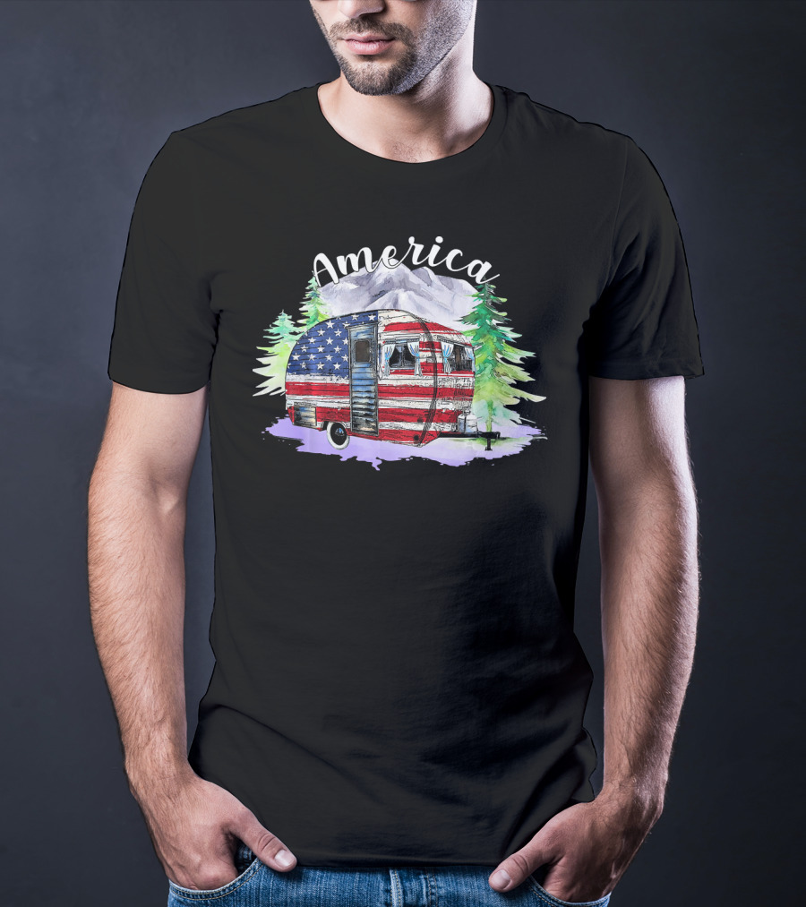 America Camping Van With USA Flag And Mountains For Fourth Of July T-Shirt