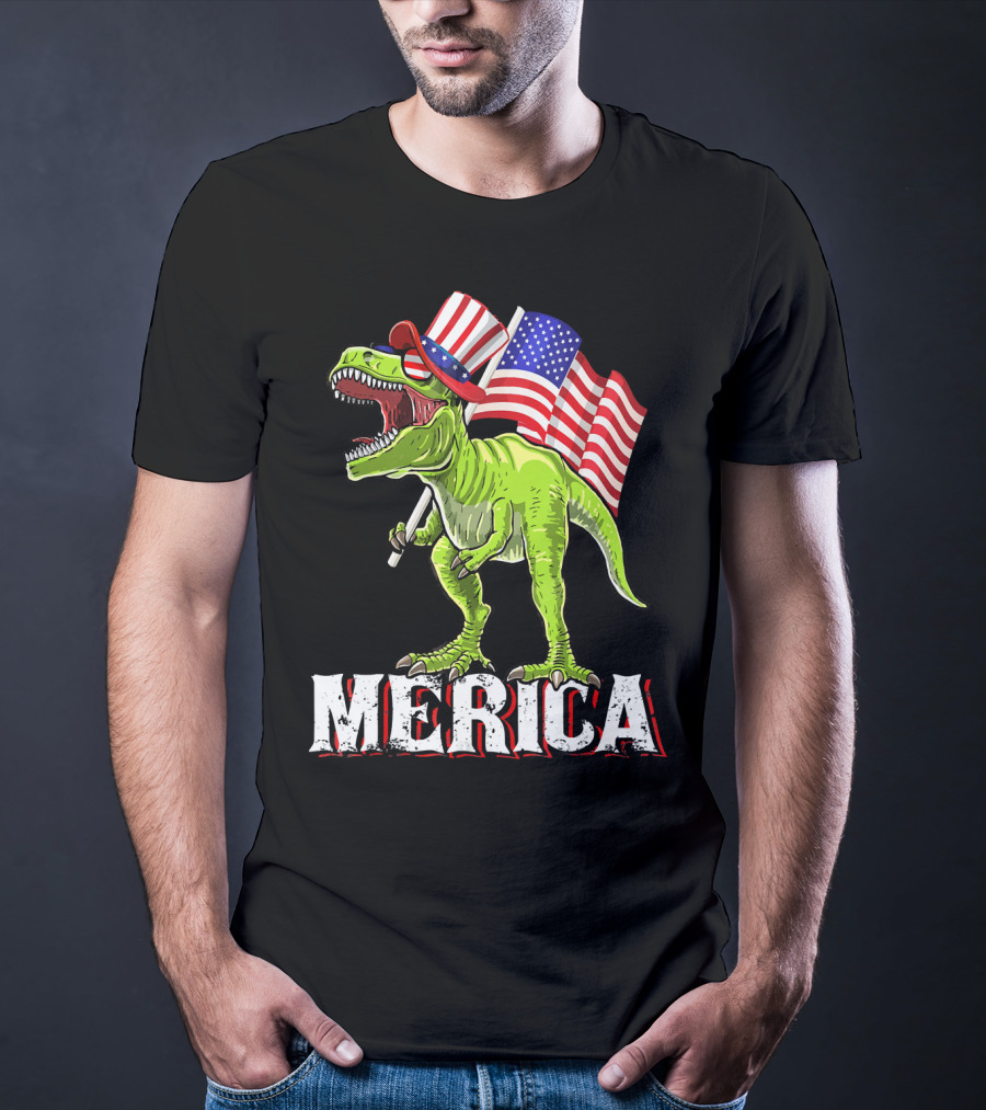 'Merica Patriotic Rex Dinosaur With American Flags And Hat T-Shirt