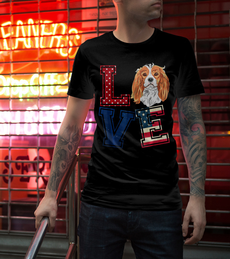 LOVE Cavalier King Charles Spaniel American Flag Face T-Shirt