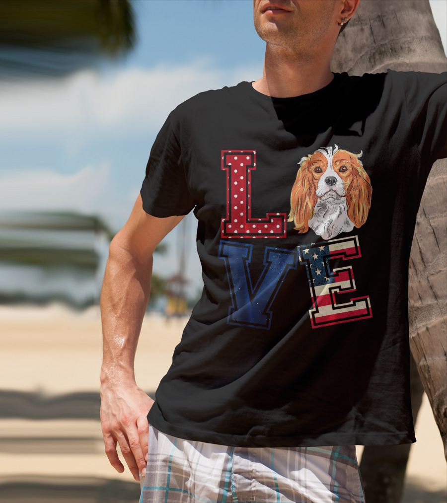 LOVE Cavalier King Charles Spaniel American Flag Face T-Shirt