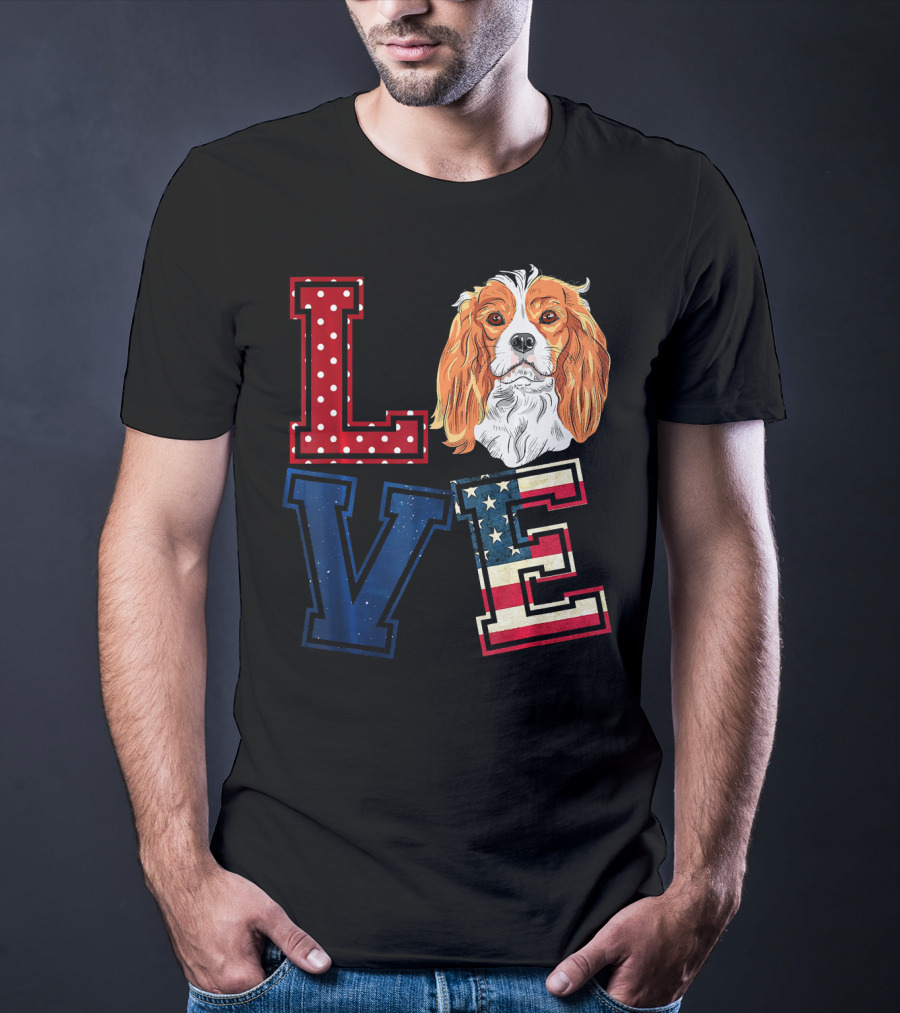 LOVE Cavalier King Charles Spaniel American Flag Face T-Shirt