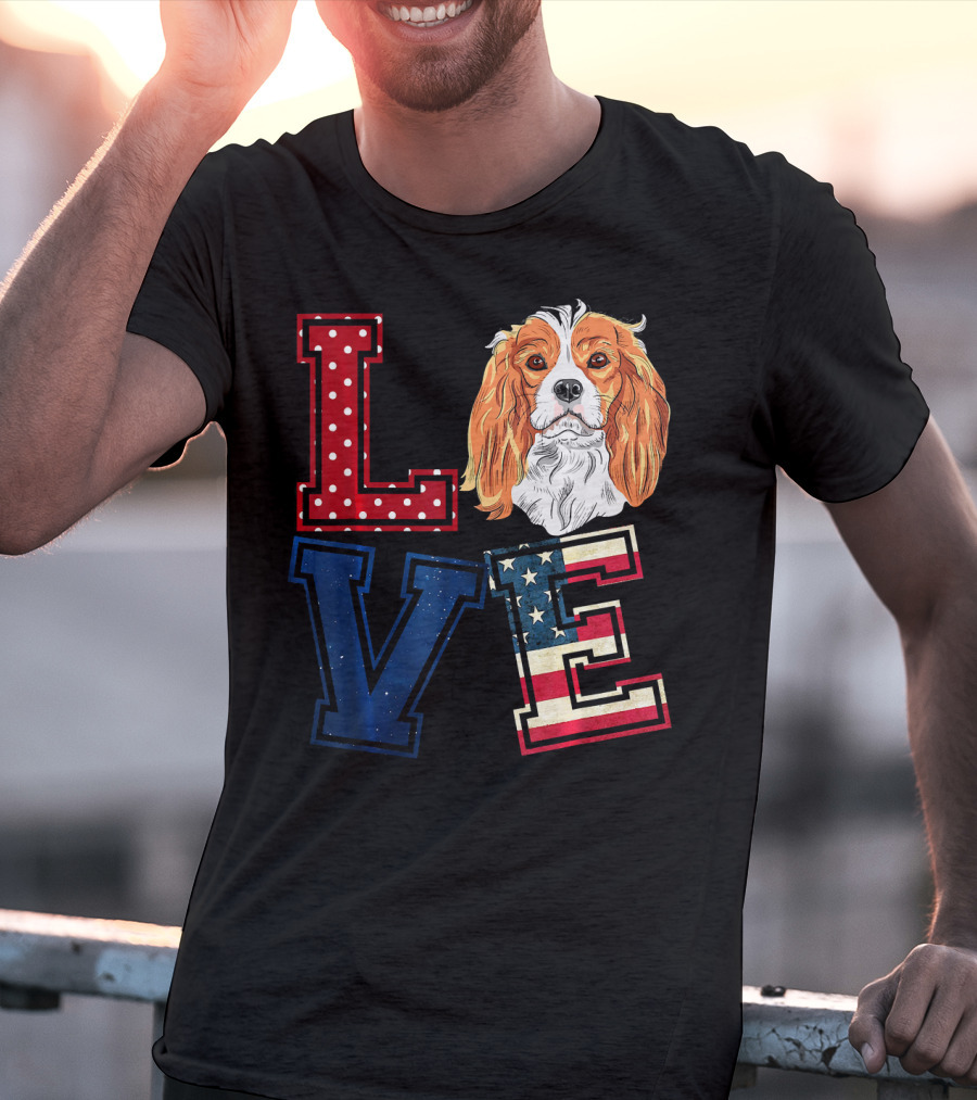LOVE Cavalier King Charles Spaniel American Flag Face T-Shirt