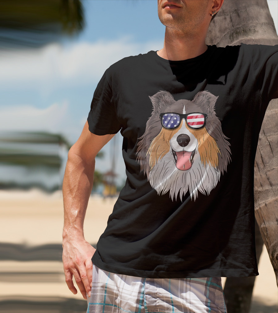Shetland Sheepdog Patriotic Sheltie With American Flag Sunglasses T-Shirt