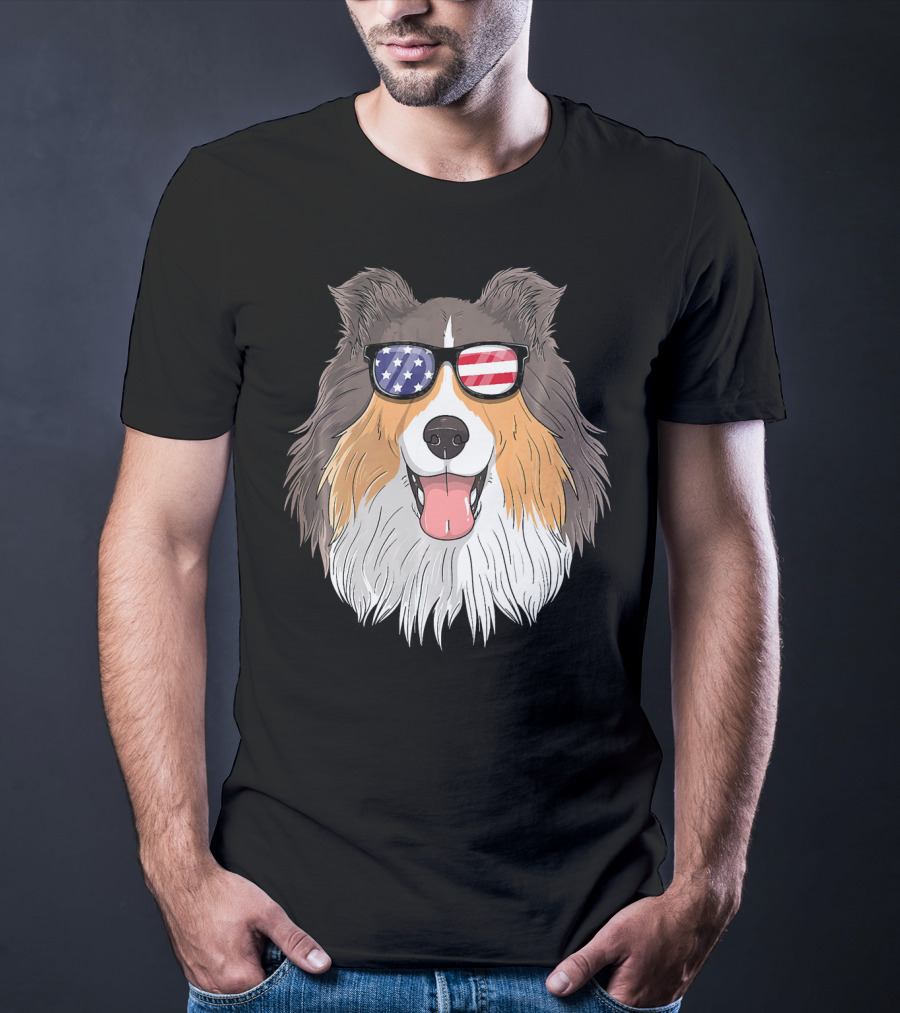Shetland Sheepdog Patriotic Sheltie With American Flag Sunglasses T-Shirt