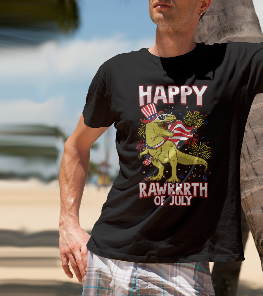 Happy Rawrrrth Of July American Flag Tyrannosaurus Rex T-Shirt
