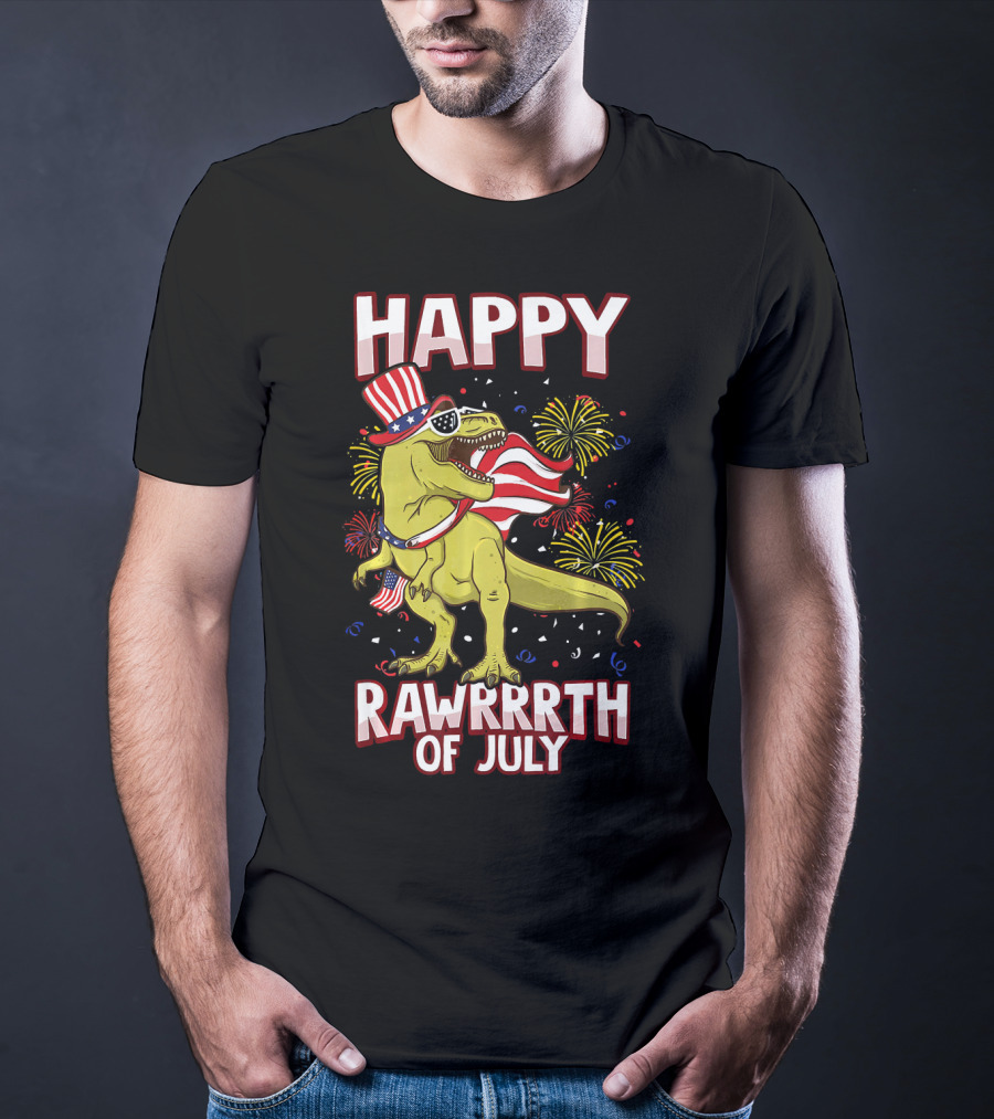 Happy Rawrrrth Of July American Flag Tyrannosaurus Rex T-Shirt