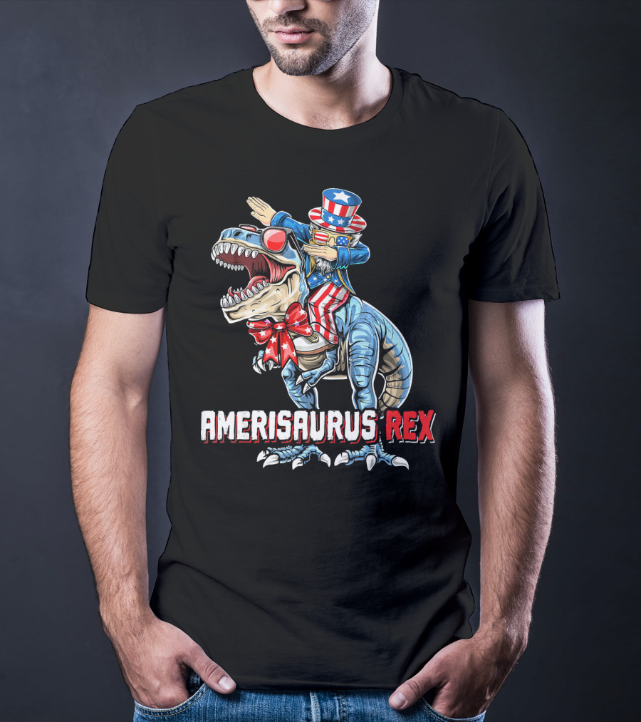 Amerisaurus Rex Dinosaur Dabbing Uncle Sam Patriotic Stars Stripes T-Shirt