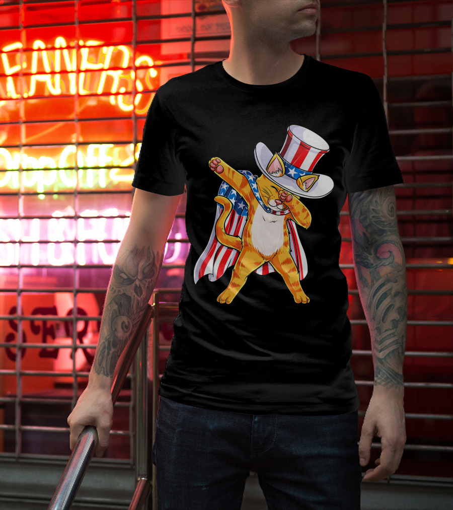 Meowica Cat Dabbing In Uncle Sam Hat And American Flag Cape T-Shirt