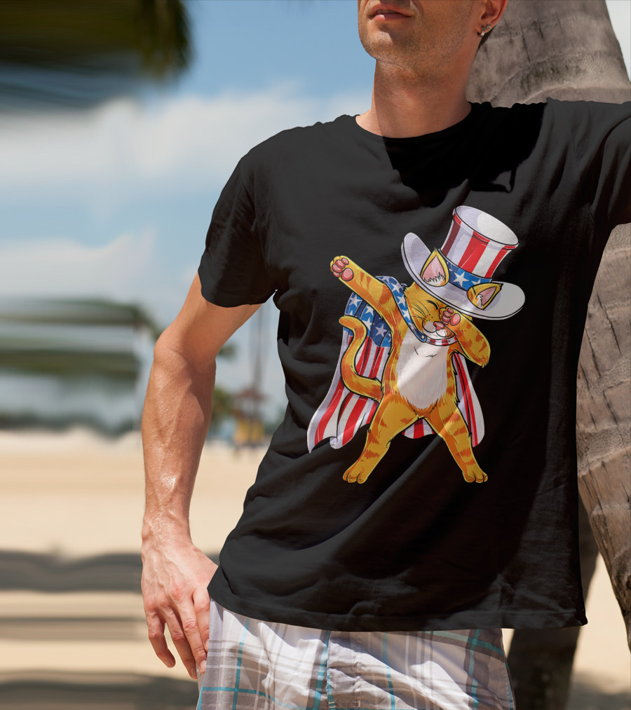 Meowica Cat Dabbing In Uncle Sam Hat And American Flag Cape T-Shirt