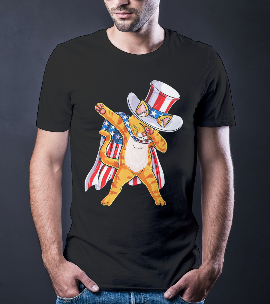 Meowica Cat Dabbing In Uncle Sam Hat And American Flag Cape T-Shirt