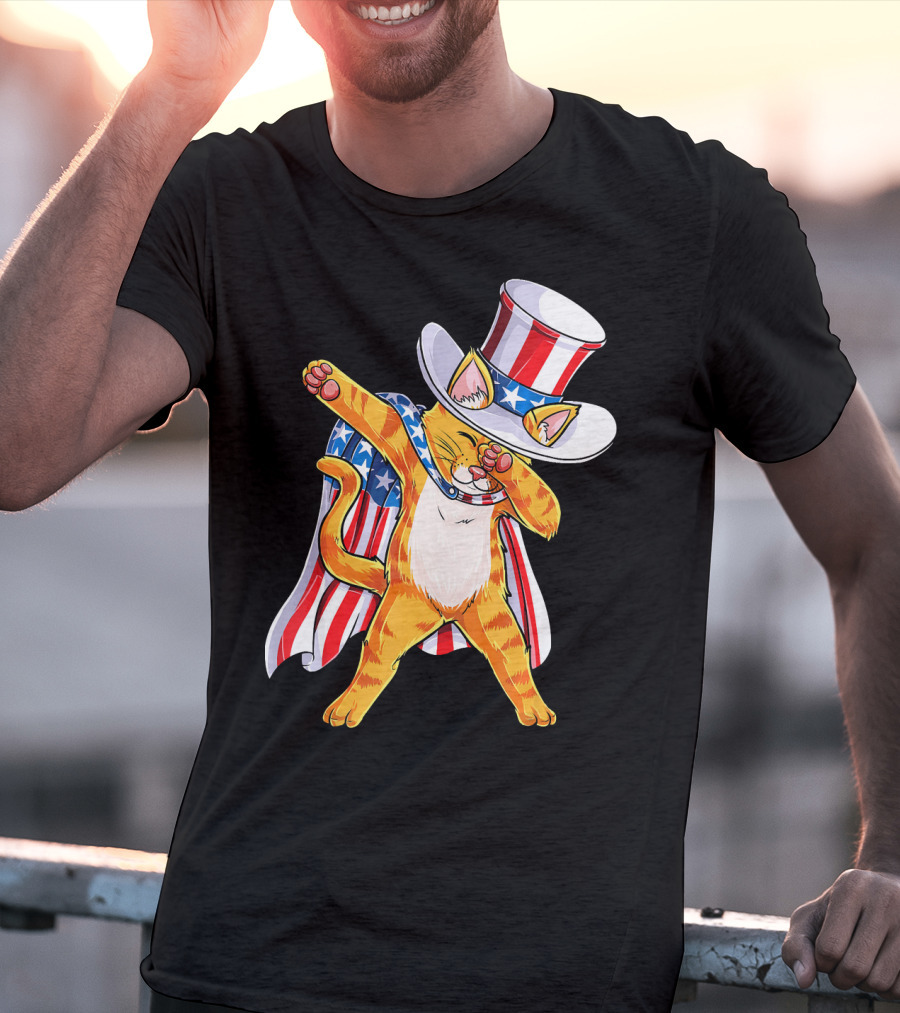 Meowica Cat Dabbing In Uncle Sam Hat And American Flag Cape T-Shirt