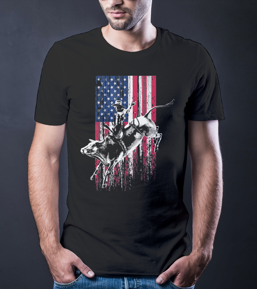 Patriotic American Flag Bull Rider Rodeo Scene T-Shirt