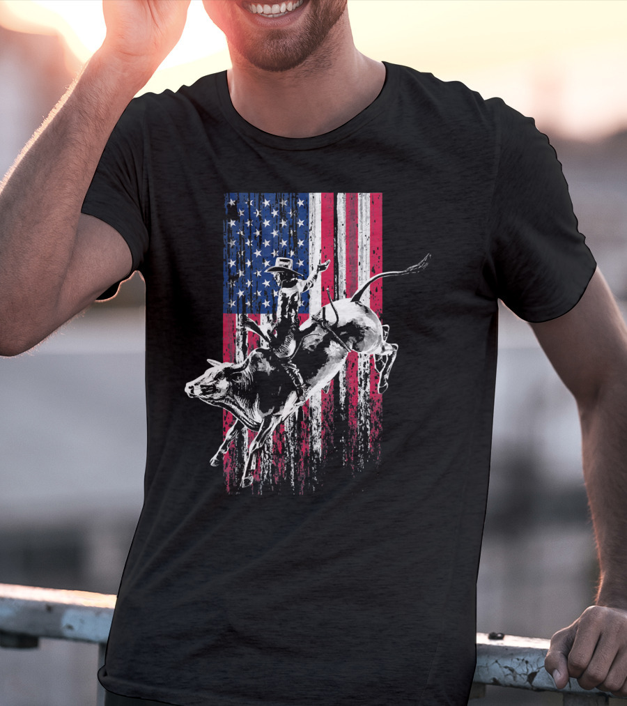 Patriotic American Flag Bull Rider Rodeo Scene T-Shirt