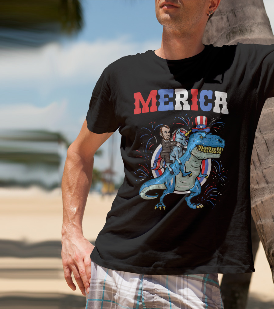 Merica Abe Lincoln Riding Unicorn On T-Rex With Patriotic Hat T-Shirt