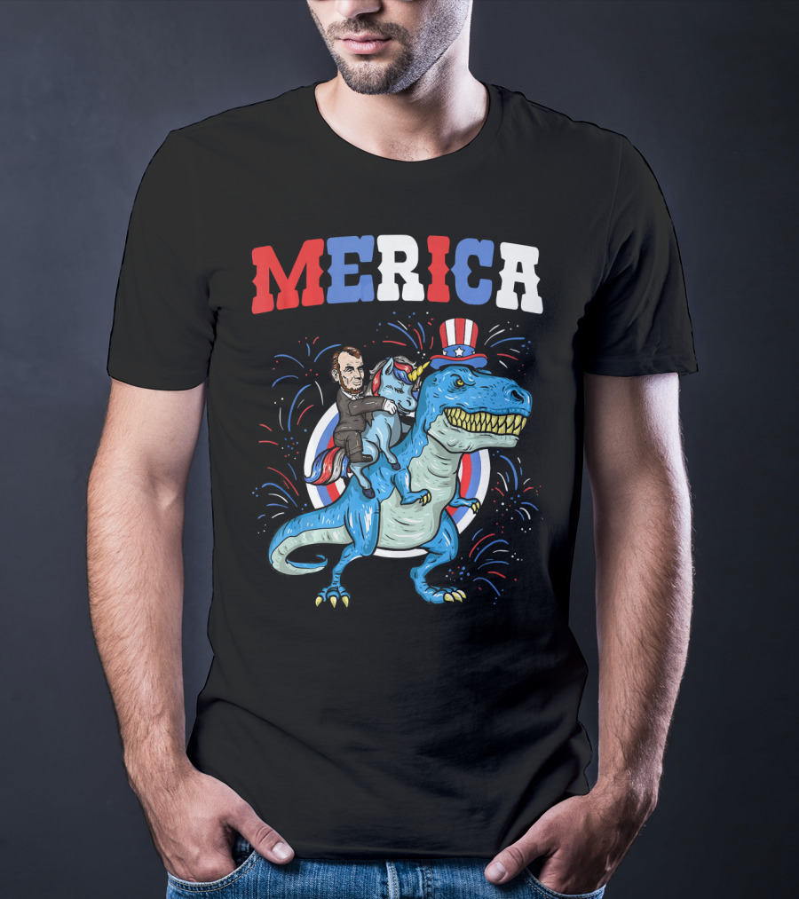 Merica Abe Lincoln Riding Unicorn On T-Rex With Patriotic Hat T-Shirt