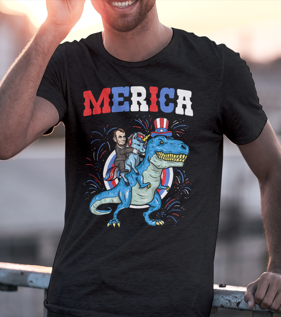 Merica Abe Lincoln Riding Unicorn On T-Rex With Patriotic Hat T-Shirt