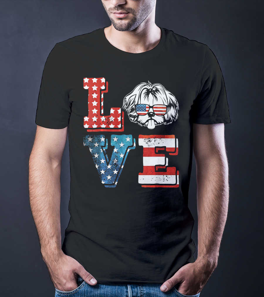 Love Shih Tzu Patriotic American Flag Sunglasses T-Shirt