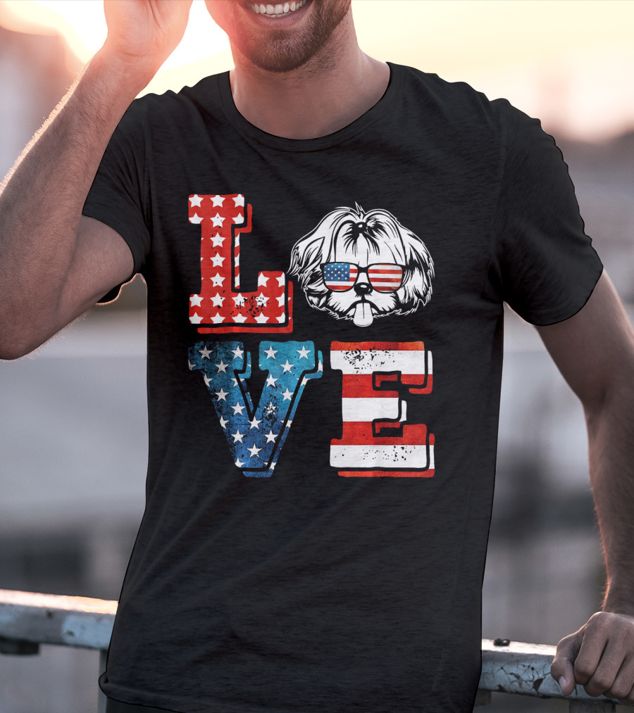 Love Shih Tzu Patriotic American Flag Sunglasses T-Shirt