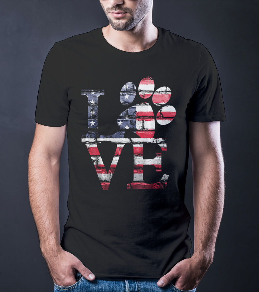 Patriotic Love USA Flag Style With Dog Paw T-Shirt