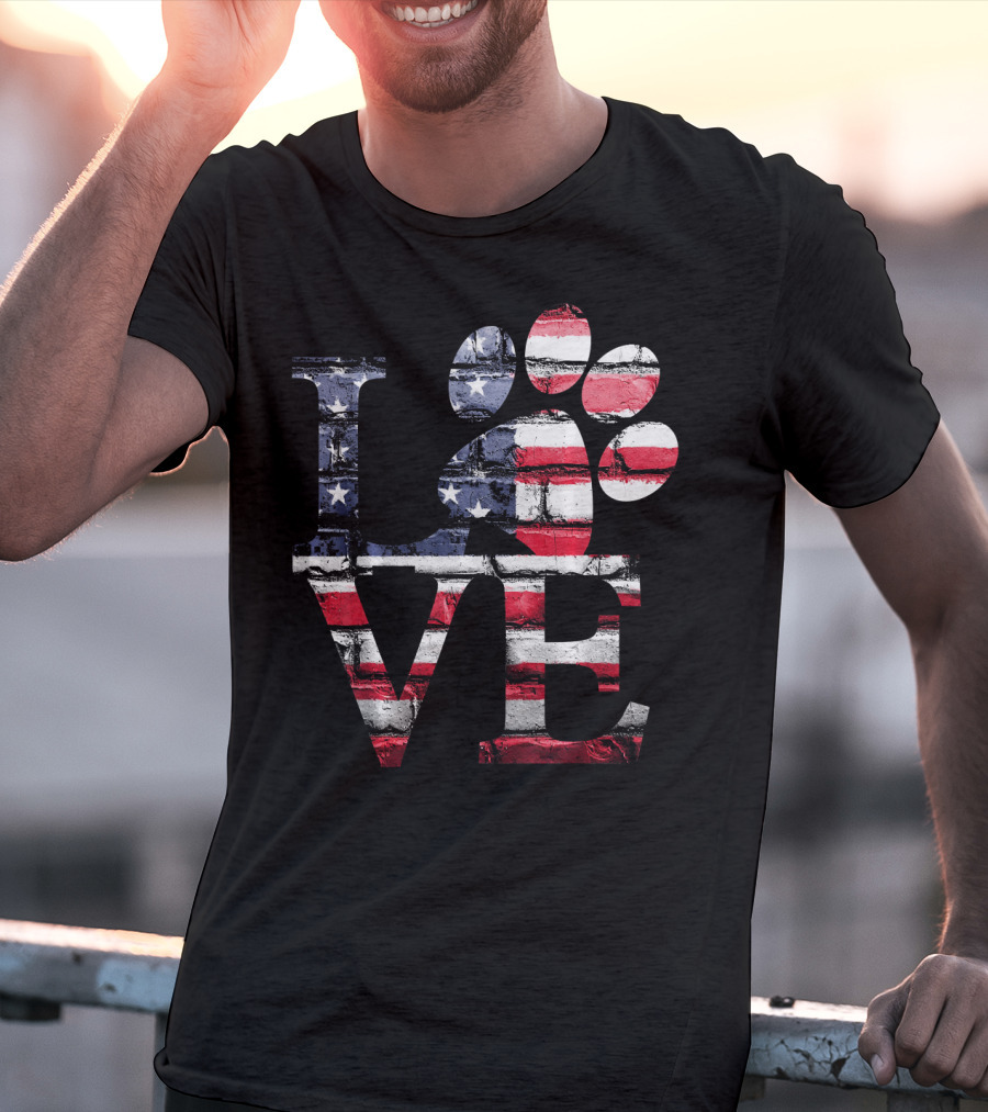 Patriotic Love USA Flag Style With Dog Paw T-Shirt