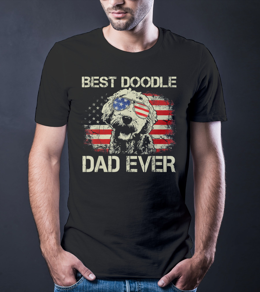 Best Doodle Dad Ever USA Flag Sunglasses Dog T-Shirt