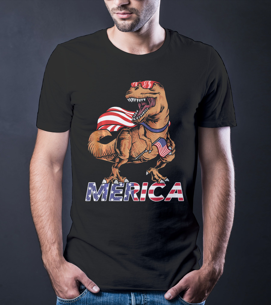 Merica T-Rex With American Flag Sunglasses And Cape T-Shirt