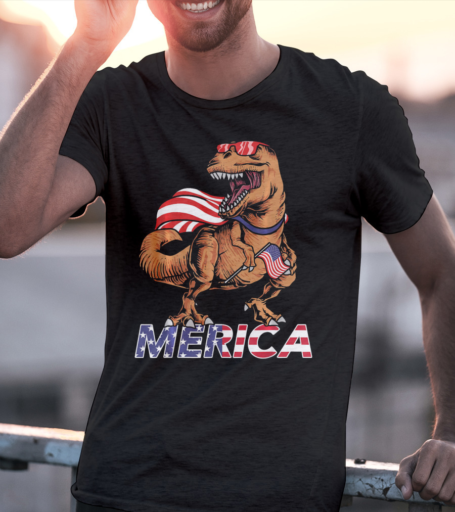 Merica T-Rex With American Flag Sunglasses And Cape T-Shirt