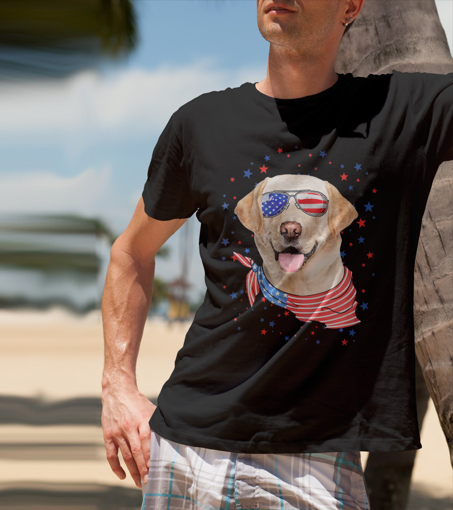American Flag Labrador With Patriotic Sunglasses And Scarf Surrounded By Stars T-Shirt
