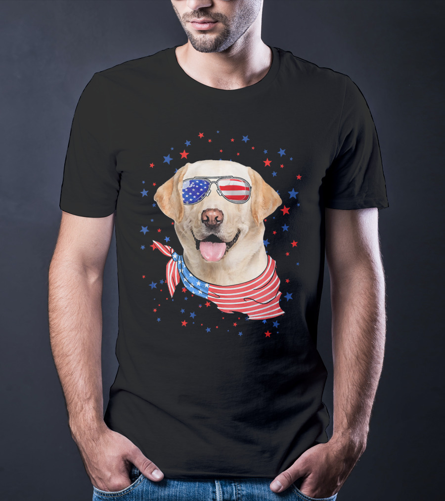 American Flag Labrador With Patriotic Sunglasses And Scarf Surrounded By Stars T-Shirt