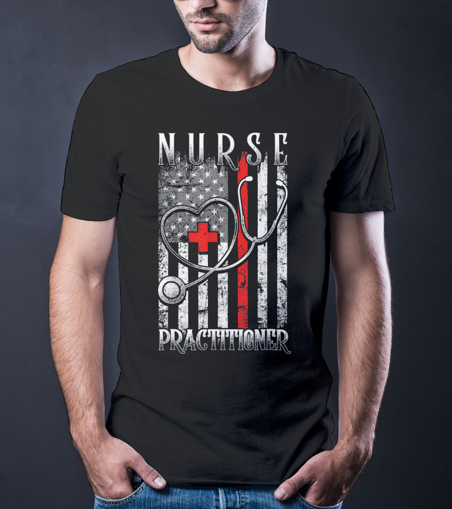 Nurse Practitioner Distressed American Flag Heart Red Line Stethoscope T-Shirt
