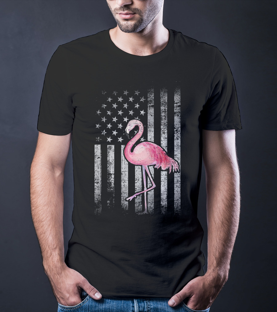 American Flag Stars And Stripes Pink Flamingo Patriotic T-Shirt