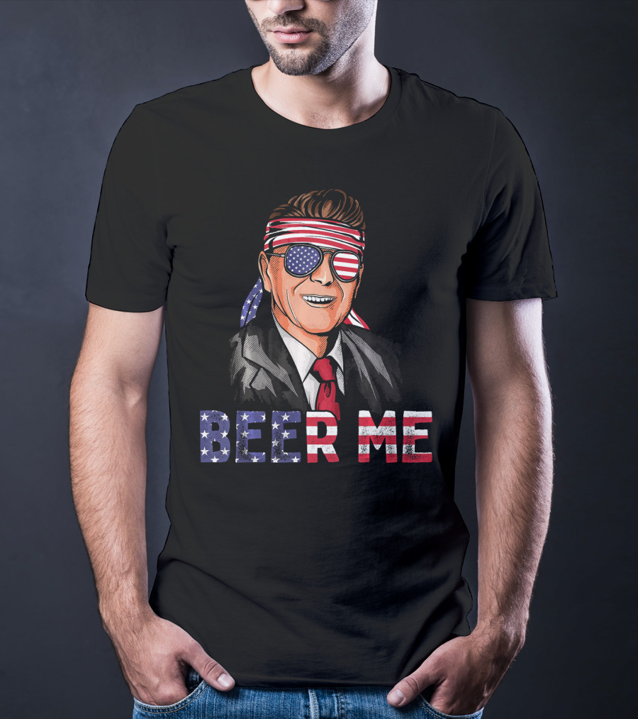 Ronald Reagan Beer Me Patriotic American Flag Bandana And Sunglasses T-Shirt