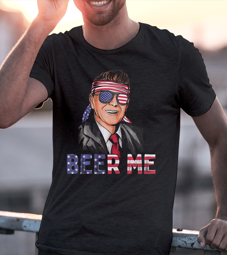 Ronald Reagan Beer Me Patriotic American Flag Bandana And Sunglasses T-Shirt