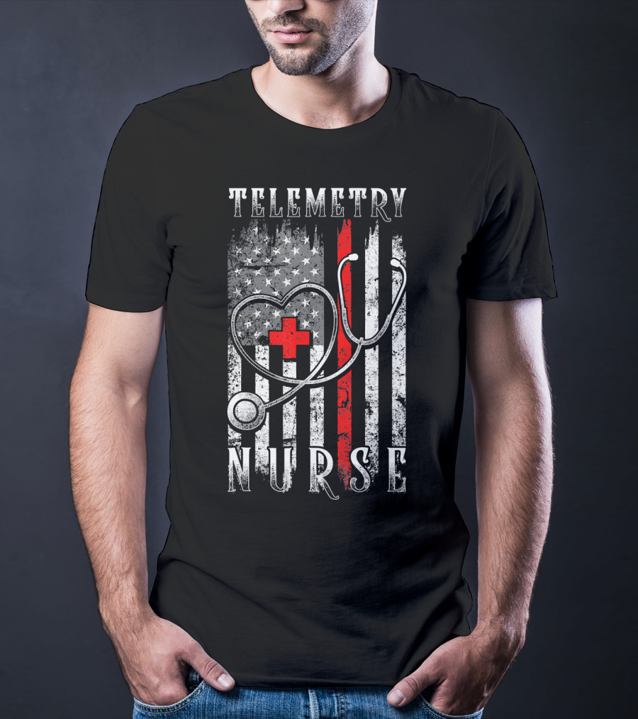 Telemetry Nurse Distressed American Flag Stethoscope Heart Red Cross T-Shirt
