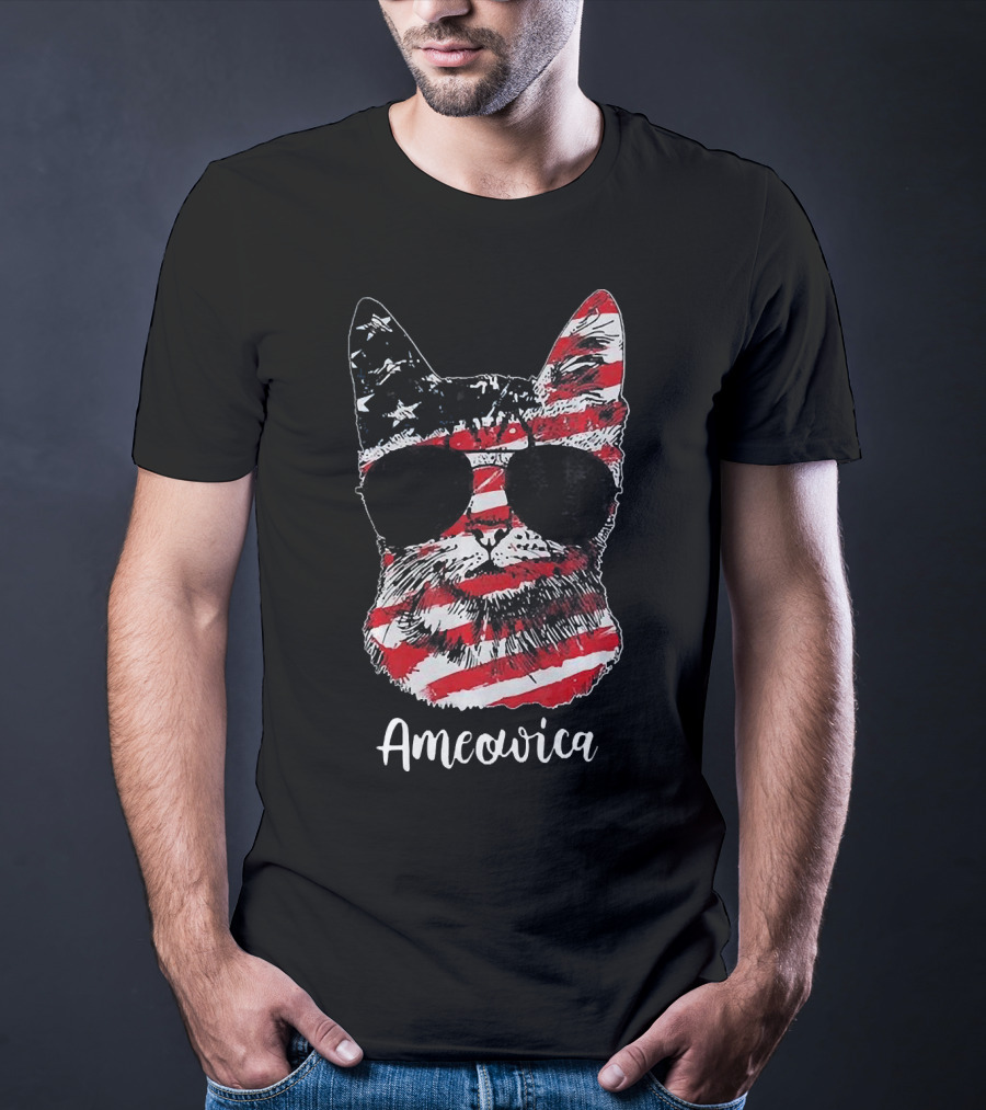 Ameowica Cat Wearing American Flag Pattern With Sunglasses T-Shirt
