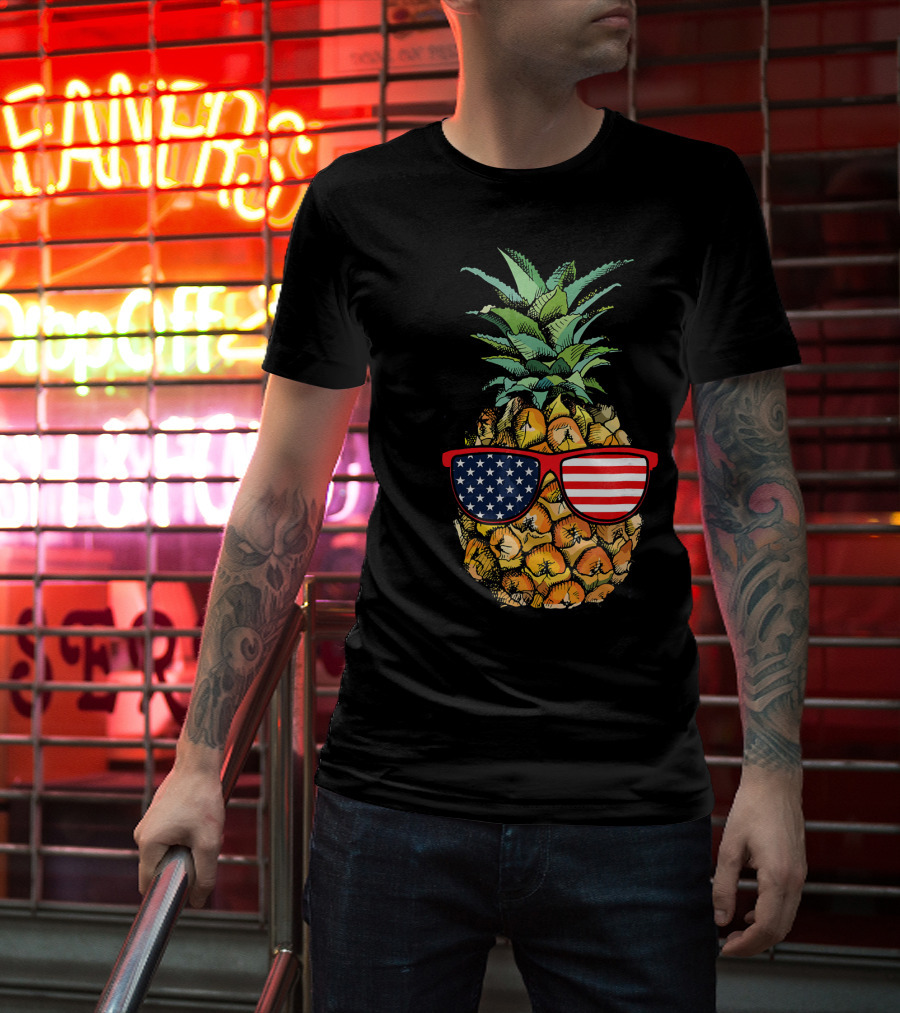 Funny Pineapple With American Flag Glasses Fourth Of July T-Shirt