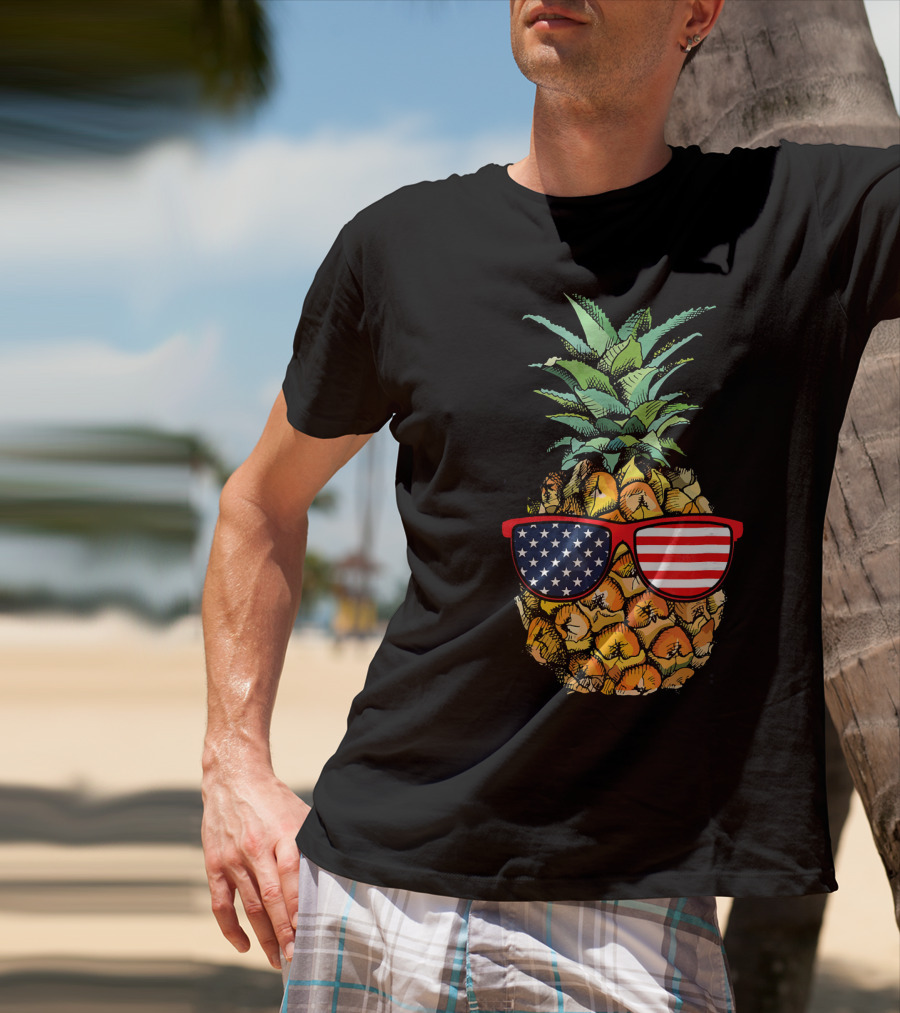 Funny Pineapple With American Flag Glasses Fourth Of July T-Shirt