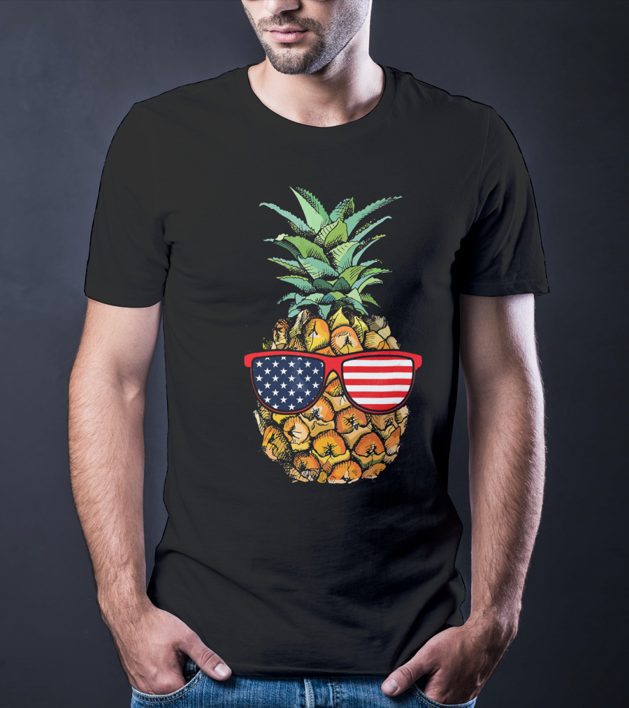 Funny Pineapple With American Flag Glasses Fourth Of July T-Shirt