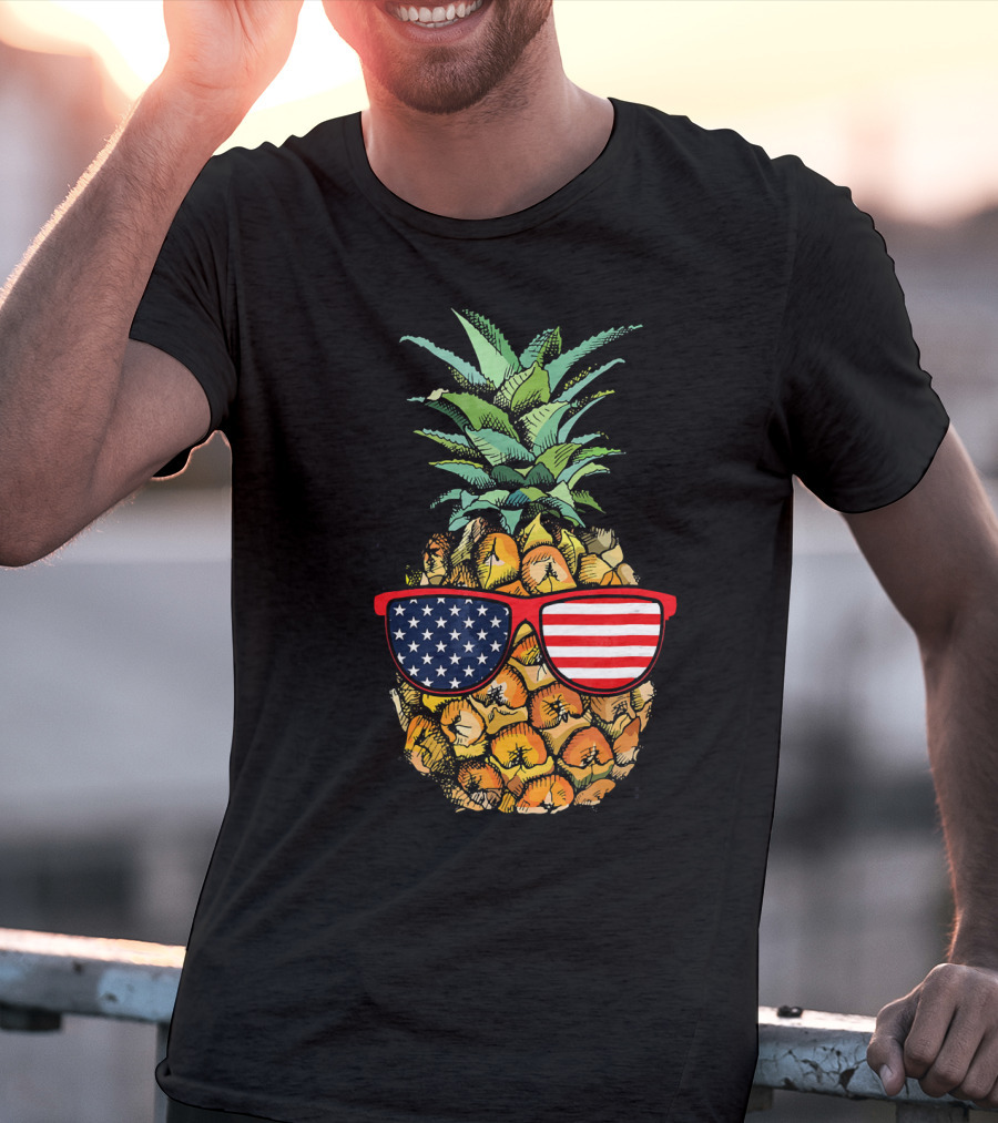 Funny Pineapple With American Flag Glasses Fourth Of July T-Shirt