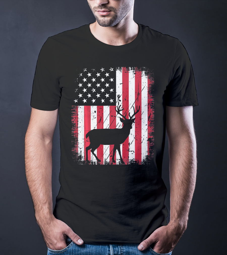 Vintage Deer USA American Flag Fourth Of July T-Shirt