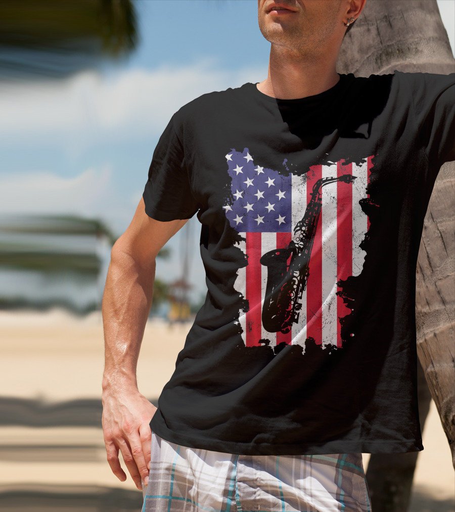 Saxophone USA Flag America Instrument T-Shirt