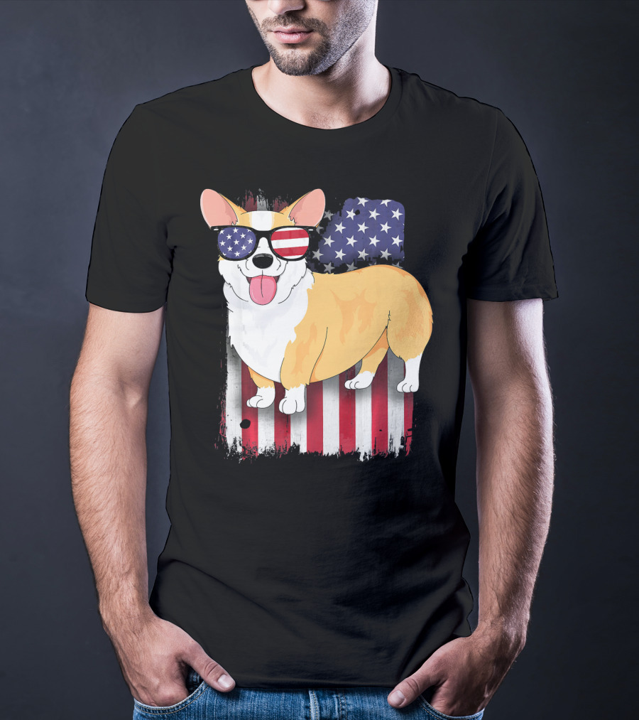 Corgi American Flag Sunglasses Patriotic Spirit T-Shirt