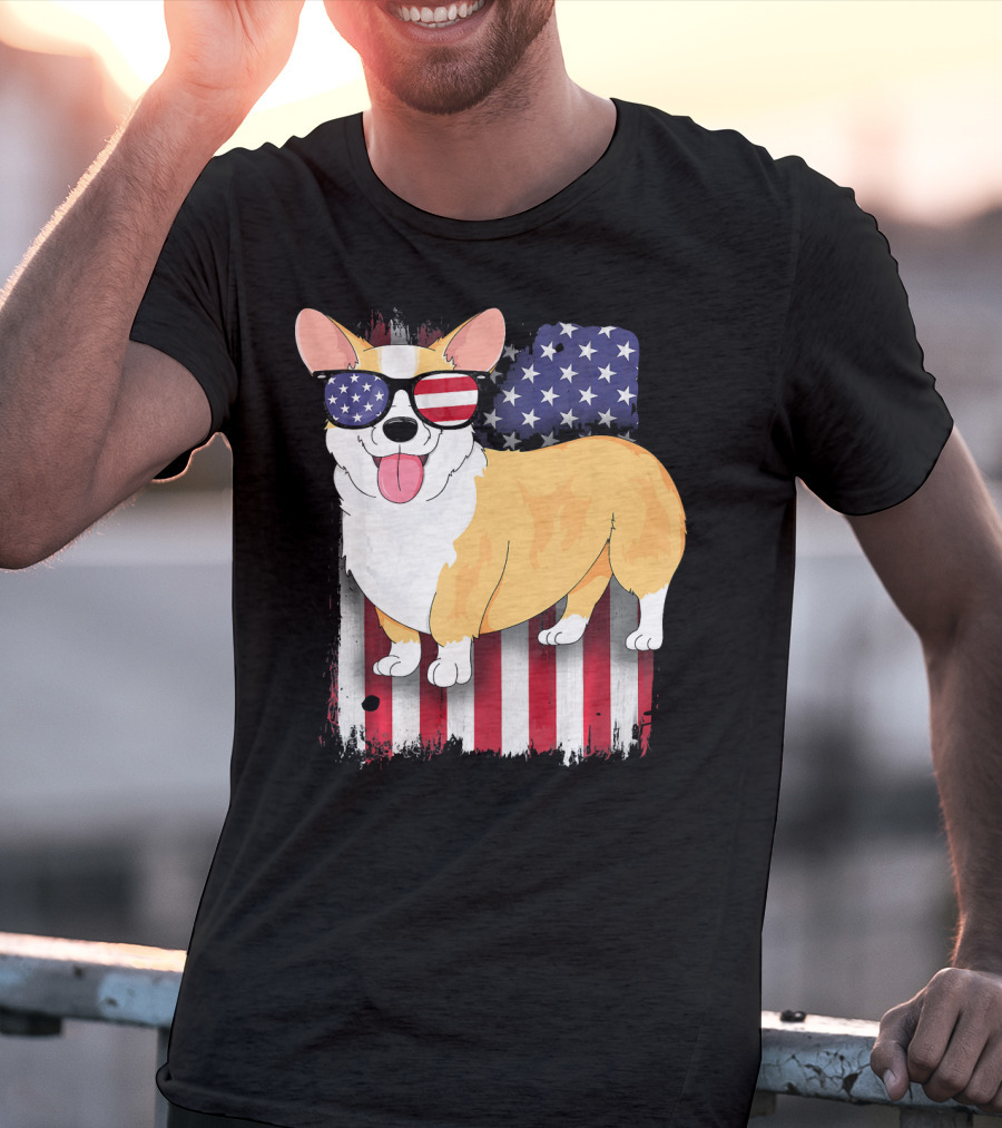 Corgi American Flag Sunglasses Patriotic Spirit T-Shirt