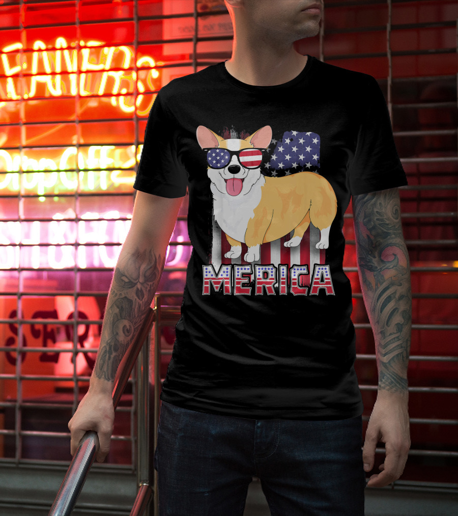 Corgi USA Merica Boys Patriotic Dog American Flag Sunglasses T-Shirt