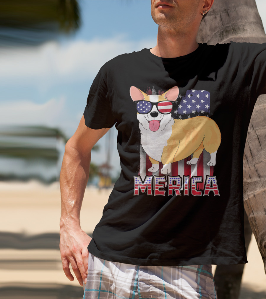 Corgi USA Merica Boys Patriotic Dog American Flag Sunglasses T-Shirt