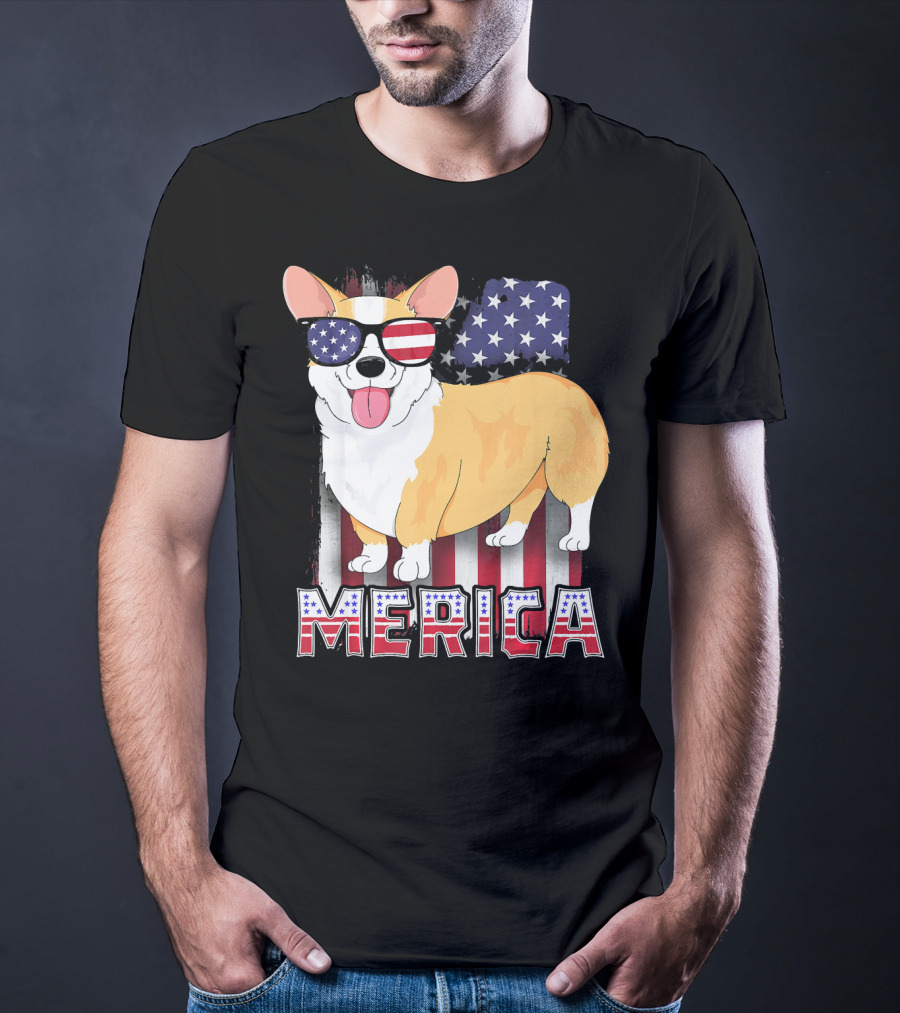 Corgi USA Merica Boys Patriotic Dog American Flag Sunglasses T-Shirt