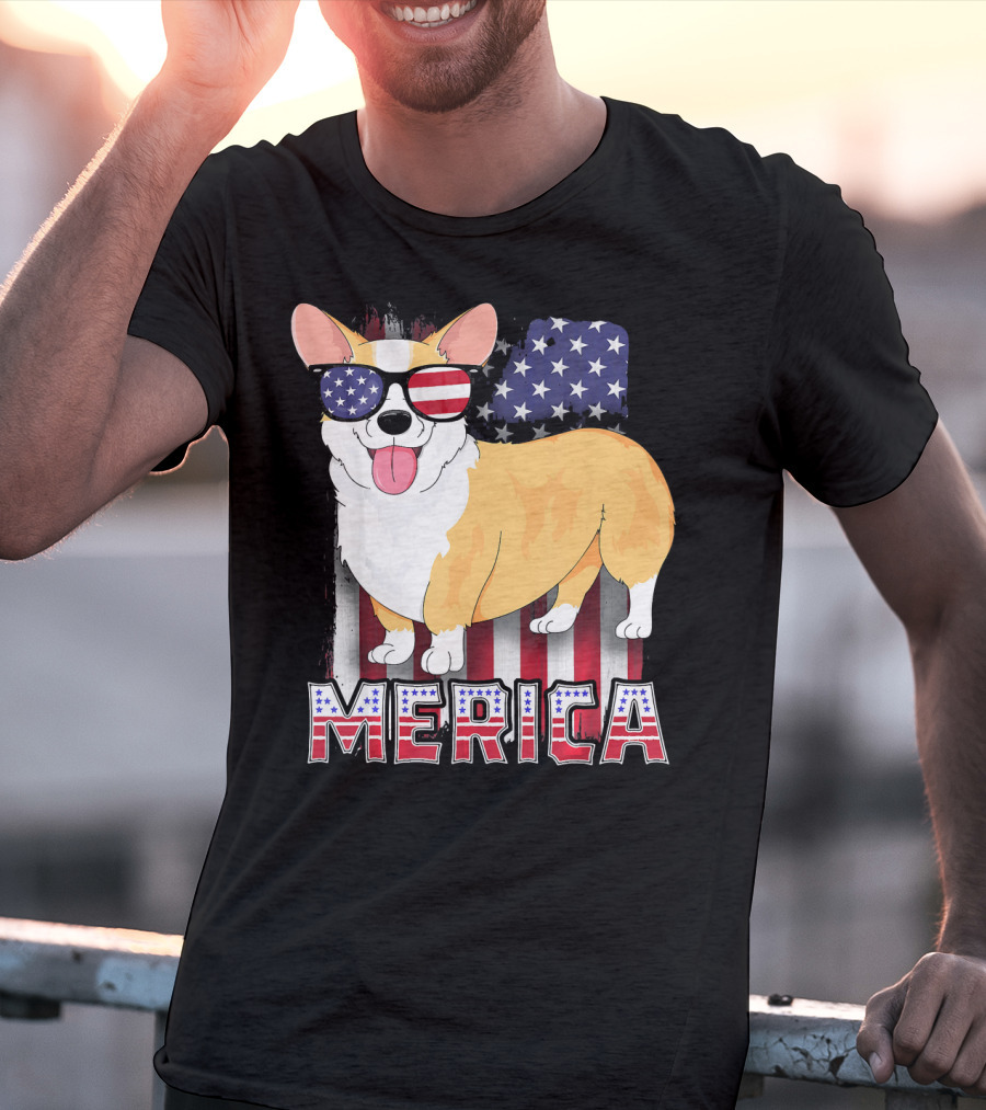Corgi USA Merica Boys Patriotic Dog American Flag Sunglasses T-Shirt