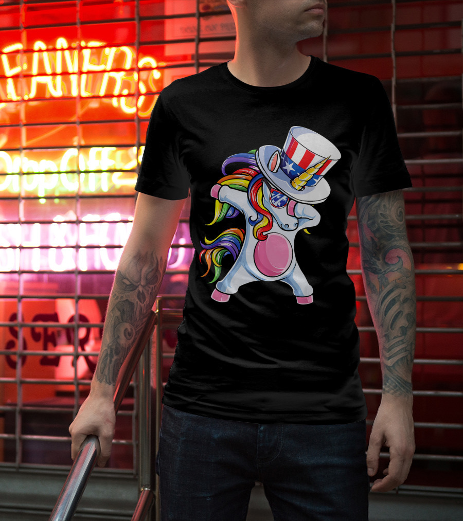 Dabbing Unicorn With Patriotic Uncle Sam Hat And Rainbow Mane T-Shirt