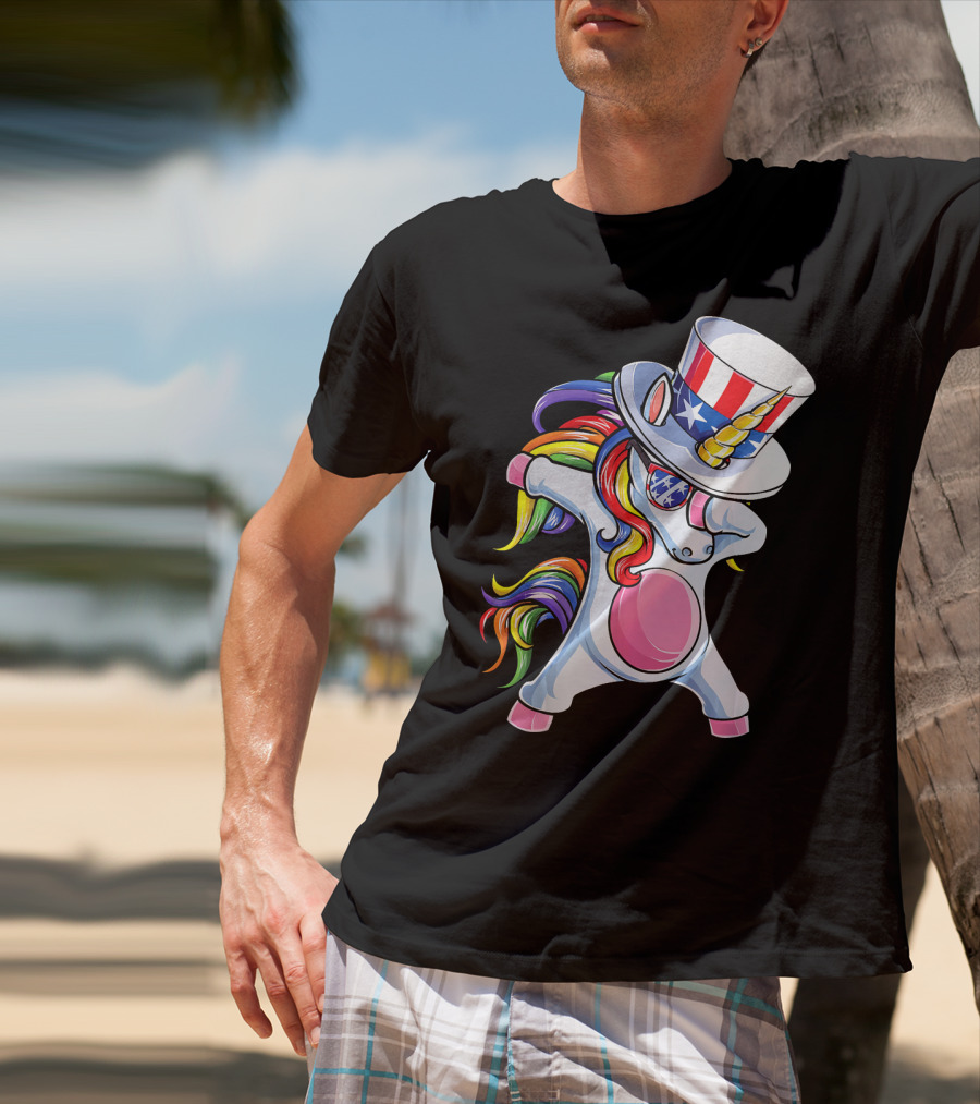 Dabbing Unicorn With Patriotic Uncle Sam Hat And Rainbow Mane T-Shirt